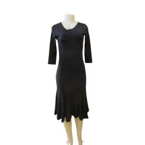 Peruvian Connection Black Midi Dress With Flounce Hem & 3/4 Sleeves - Size XS
